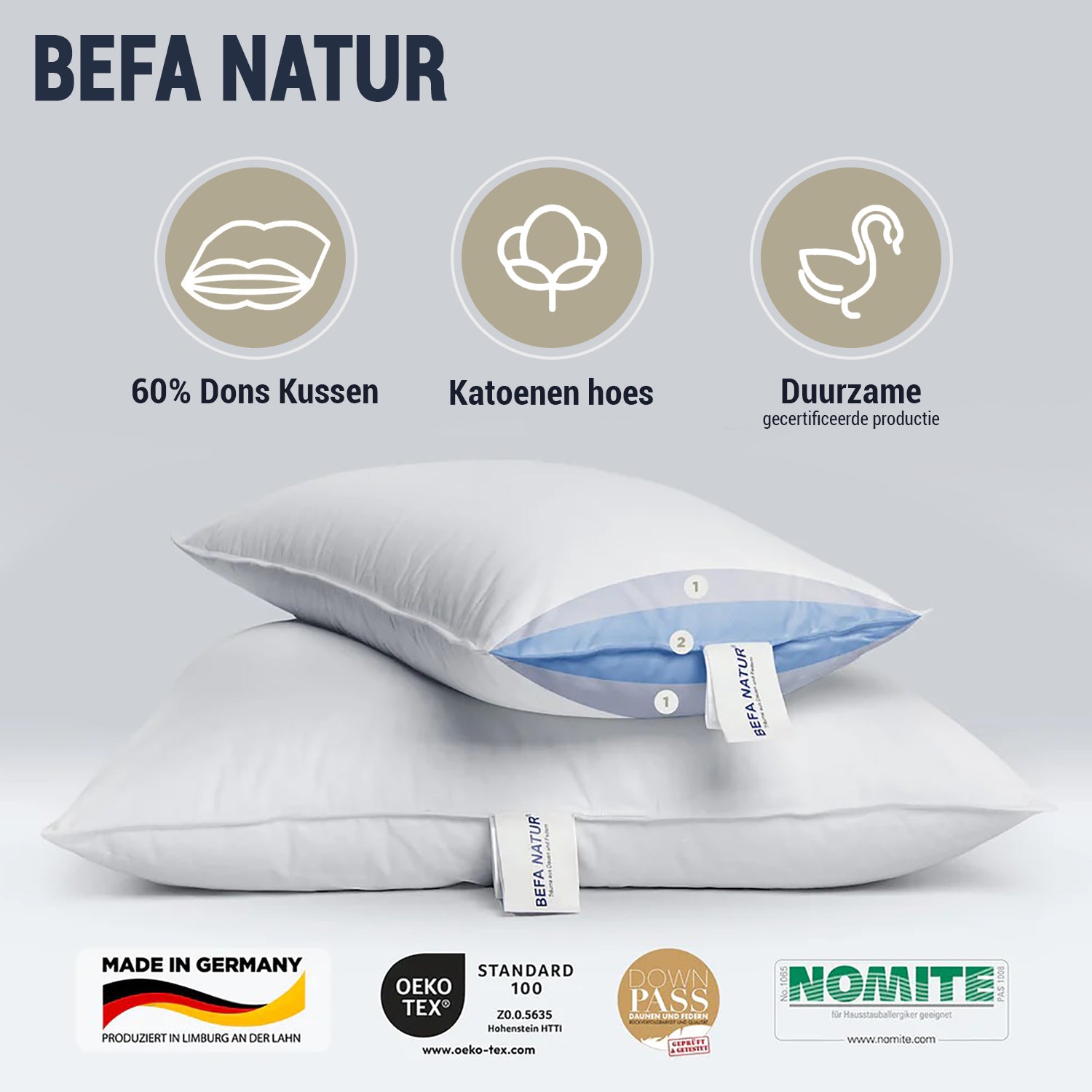 BEFA NATUR 60% Dons Bedkussen – Luxe Comfort en Ondersteuning voor Elke Slaapstijl